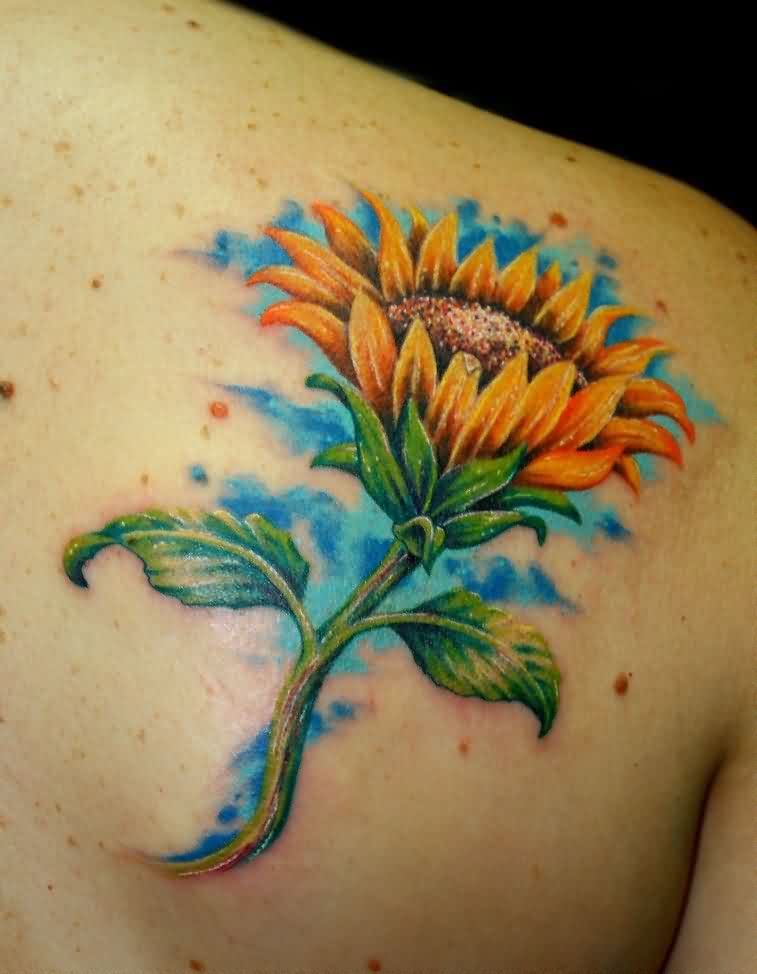 Colorful Sunflower With leaves Tattoo On Man Upper Back Shoulder