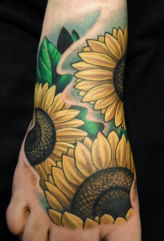 Colorful Sunflowers Tattoo On Foot