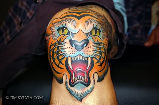 Colorful Tiger Face Tattoo On Knee