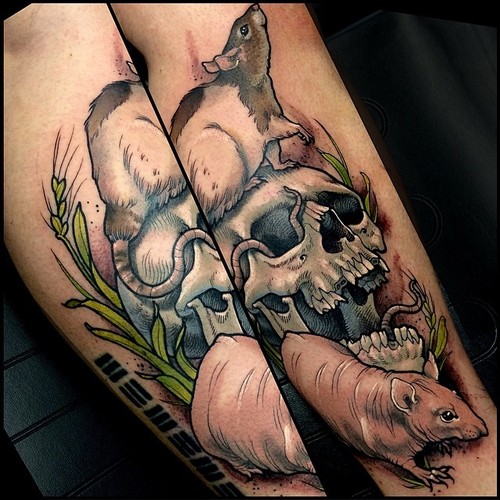 Colorful Two Rats With Skull Tattoo Design