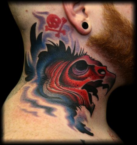 Colorful Vulture Face Tattoo On Man Side Neck