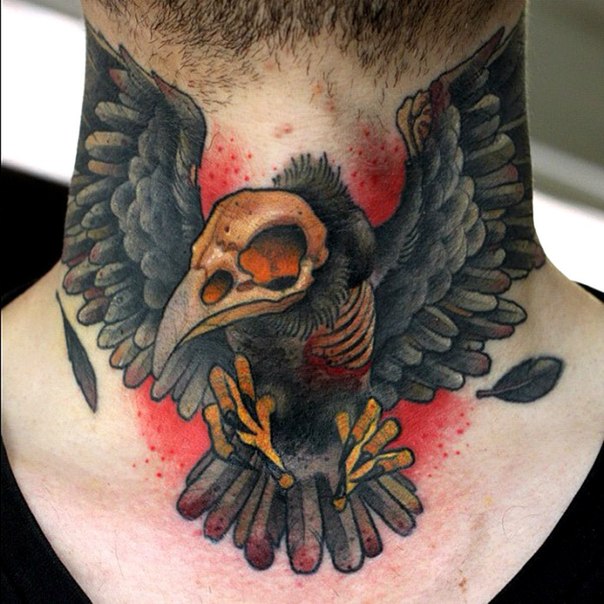 Colorful Vulture Tattoo On Neck