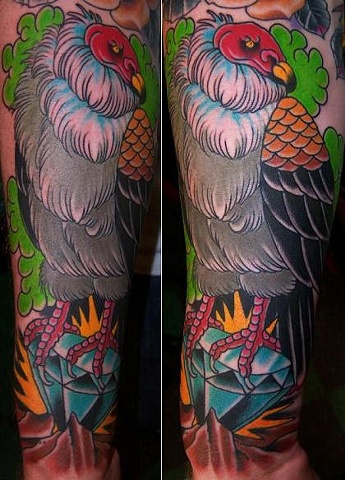 Colorful Vulture With Diamond Tattoo On Forearm