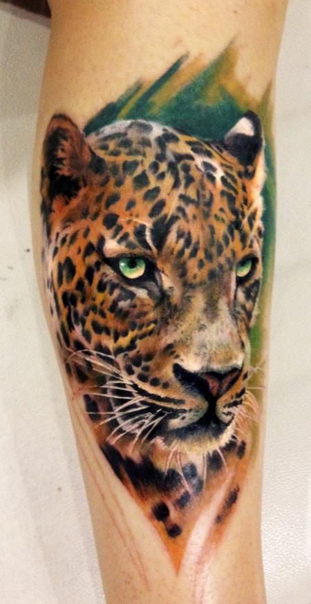 Colorful leopard Head Tattoo On Leg Calf
