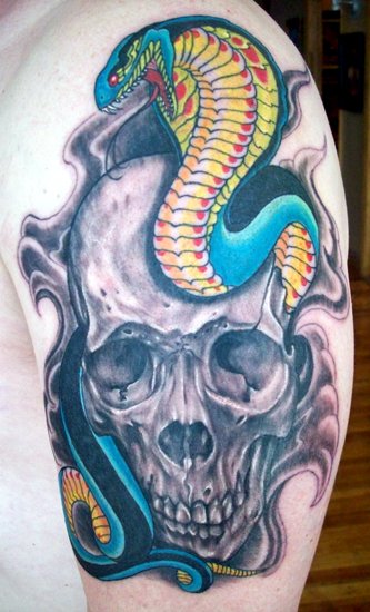 Colorful Snake With Skull Tattoo On Shoulder By Rodriguez