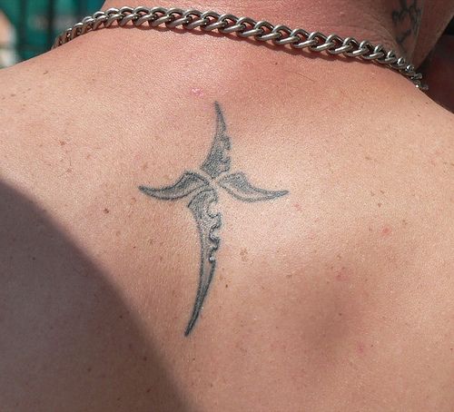 Cool Black Dagger Tattoo On Upper Back Shoulder