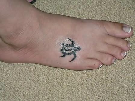 Cute Black Tiny Turtle Tattoo On Foot