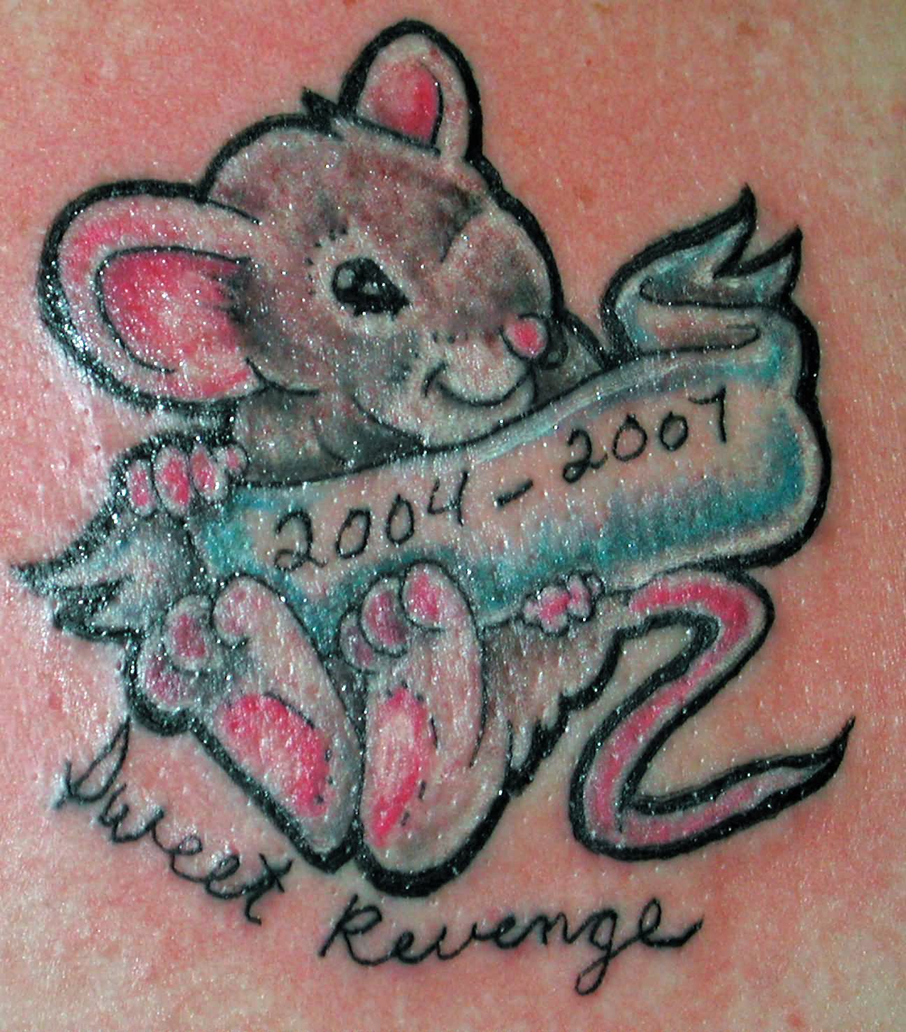 Cute Colorful Rat With Banner Tattoo Design
