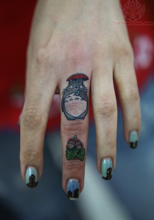 Cute Colorful Rat With Umbrella Tattoo On Finger