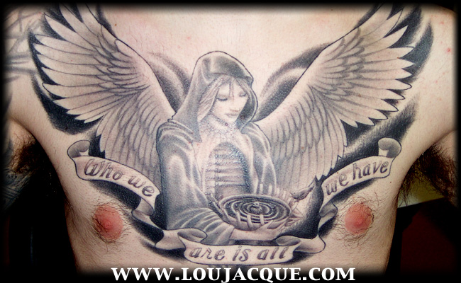 Cute Grey Angel With Banner Tattoo On Man Chest