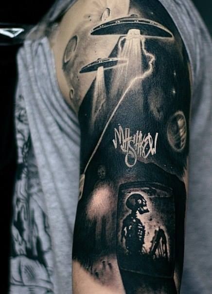 Dark Black Apocalyptic Alien Tattoo On Sleeve