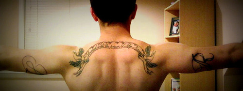 Flying Birds And Banner Tattoo On Upper Back