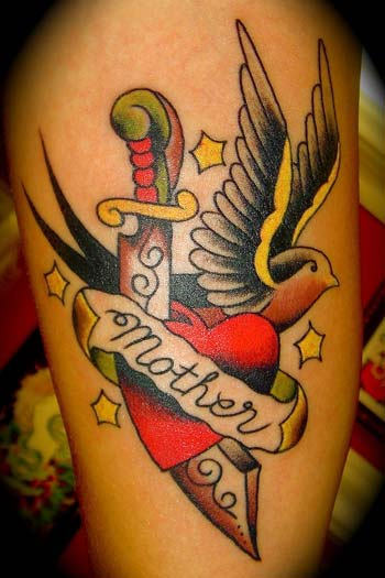 Flying Swallow Dagger Heart With Mother Banner Tattoo