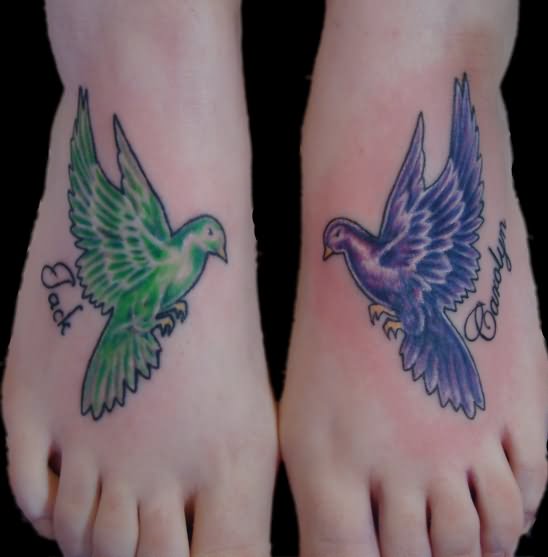 Green And Blue Doves Tattoo On Feet