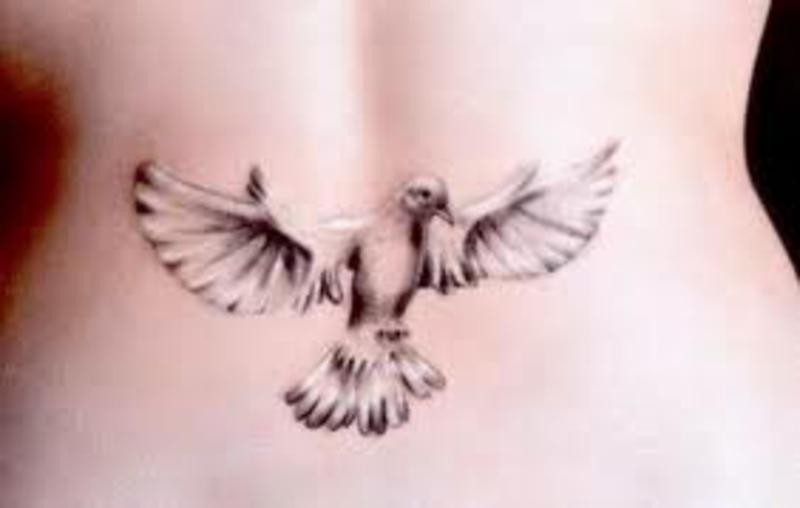 Grey 3D Flying Dove Tattoo On Girl Back