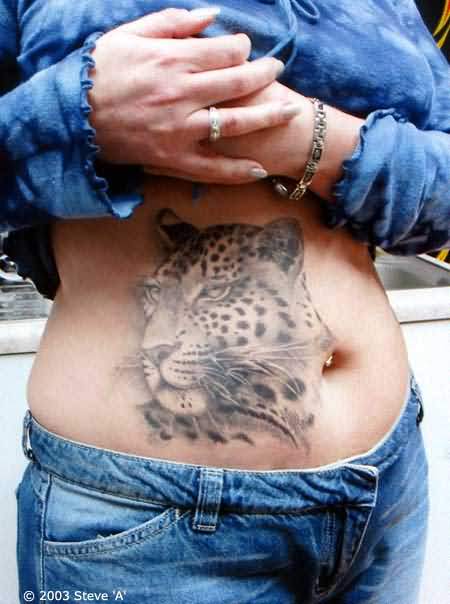 Grey 3D Leopard Face Tattoo On Girl Stomach