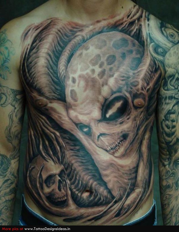 Grey Alien Skull Tattoo On Full Body