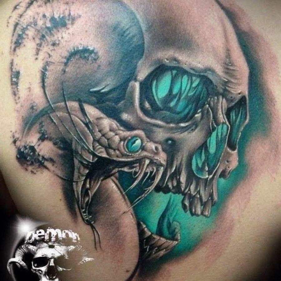 Grey And Green 3D Skull With Snake Face Tattoo Design