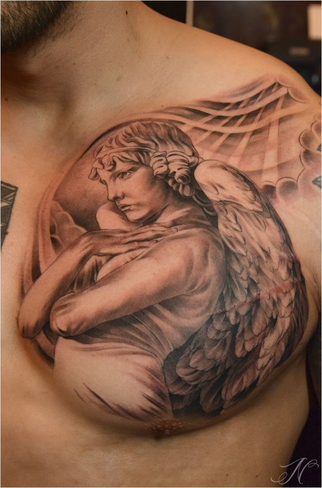 Grey Angel Tattoo On Man Right Chest