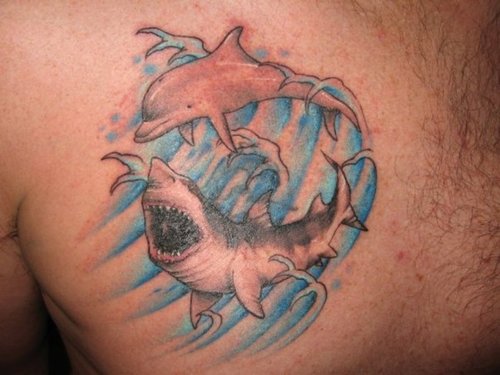 Grey Dolphin With Shark Tattoo On Man Chest