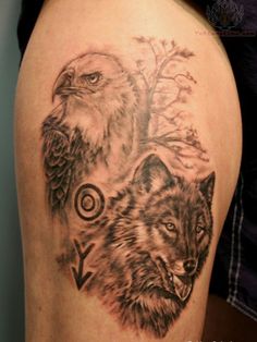 Grey Eagle And Wolf Wildlife Tattoos On Leg