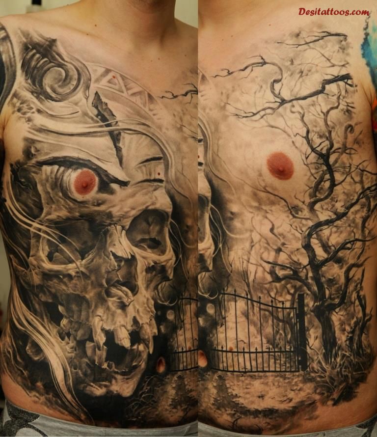Grey Ghost Skull Tattoo On Full Body By Dmitriy Samohin