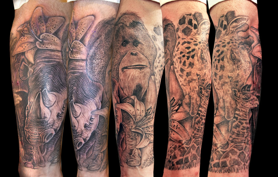 Grey Ink Animals Wildlife Tattoo On Arm Sleeve