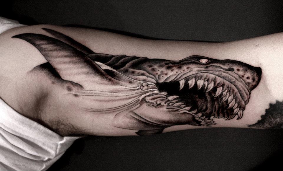 Grey Ink Shark Tattoo On Bicep by Anderson Luna