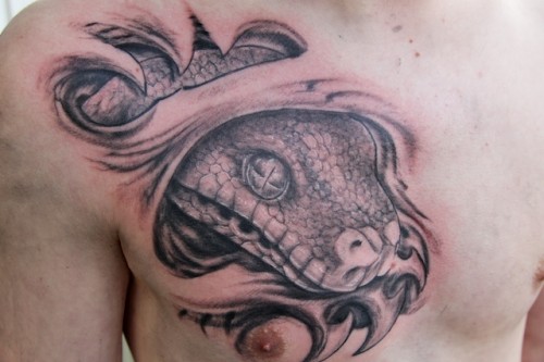 Grey Ripped Skin 3D Snake Face Tattoo On Man Chest