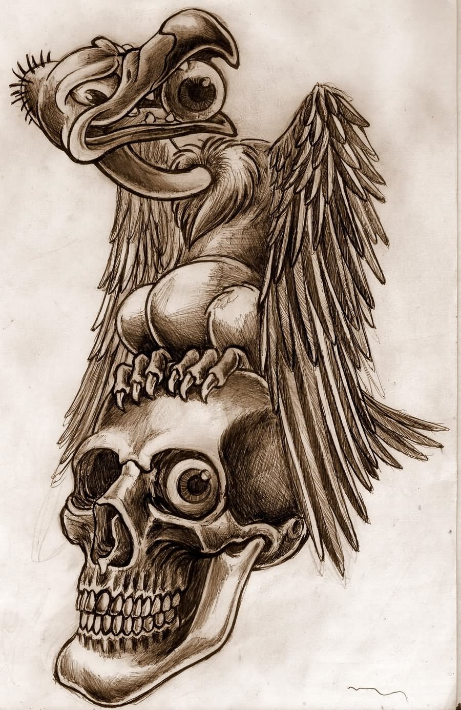 Grey Vulture With Skull Tattoo Design