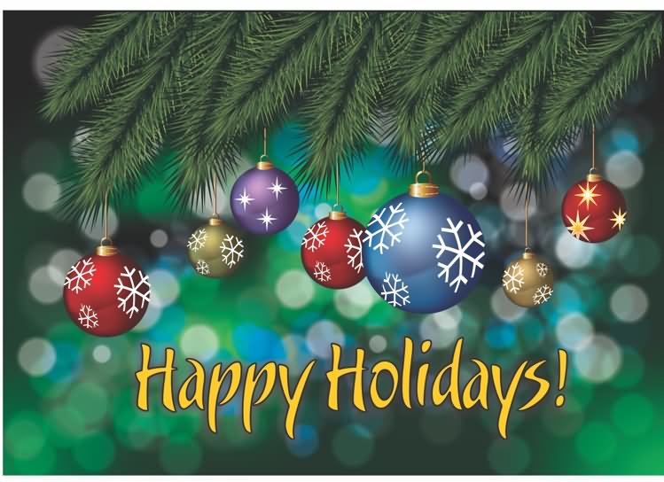 Happy Holidays Card Colorful Hanging Ornaments Design