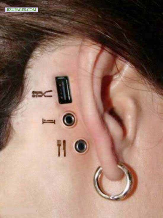 Funny 3D Aux and Headphone Ports Tattoo Behind The Girl’s Ear
