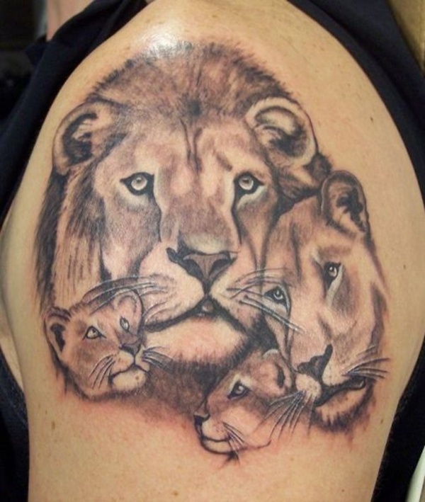Lion Family Wildlife Tattoo On Shoulder