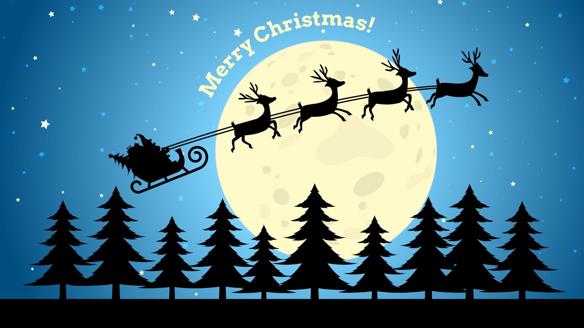 Merry Christmas Full Moon View Reindeer Cart Picture