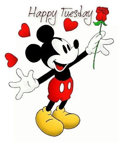 Mickey Mouse With Rose Bud Wishes You Happy Tuesday
