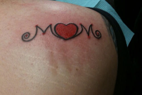 Mom Tattoo On Right Back Shoulder