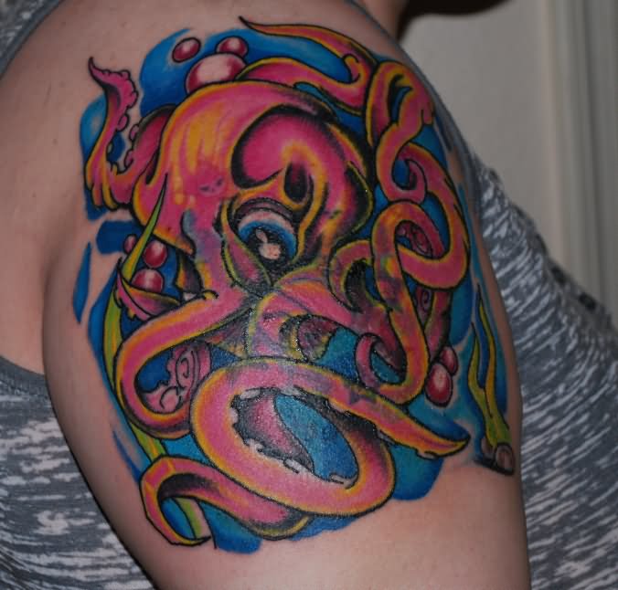 New School Octopus Tattoo On Right Shoulder
