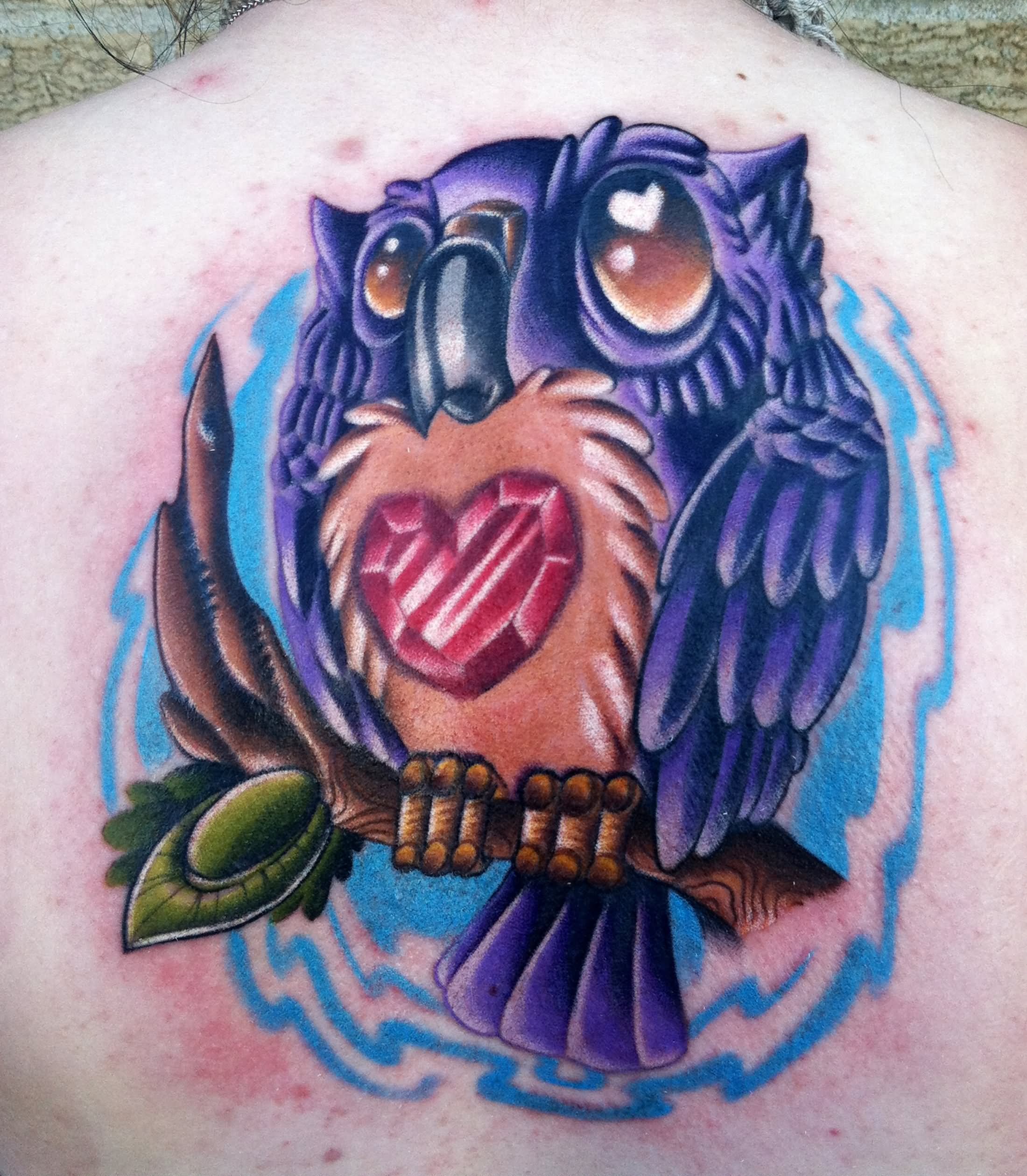 New School Owl Tattoo On Back