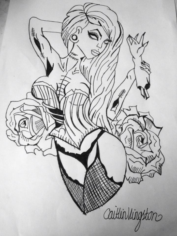 Outline Rose Flowers And Zombie Pin Up Girl Tattoo Design