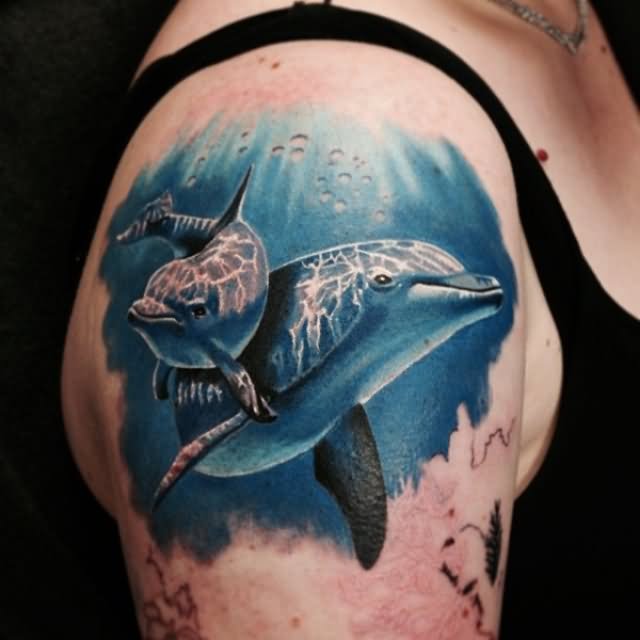 Realistic 3D Two Dolphin In Ocean Tattoo On Man Right Shoulder