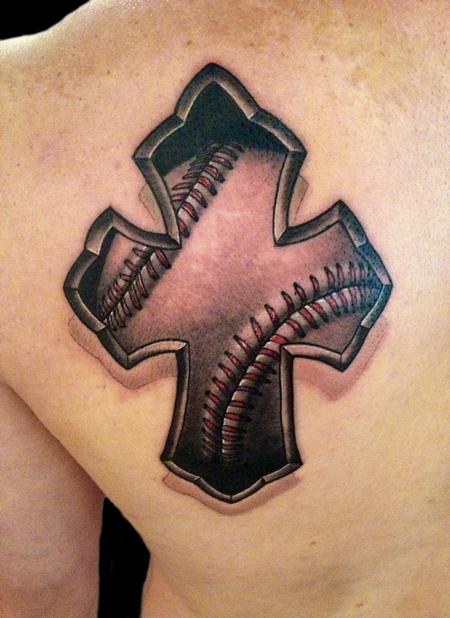 Realistic Baseball In Cross Tattoo On Man back Shoulder