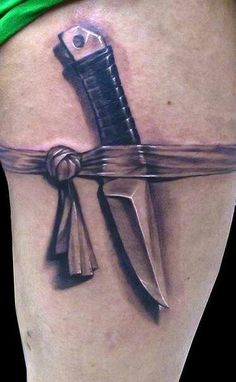 Realistic Knife Garter Tattoo On Thigh