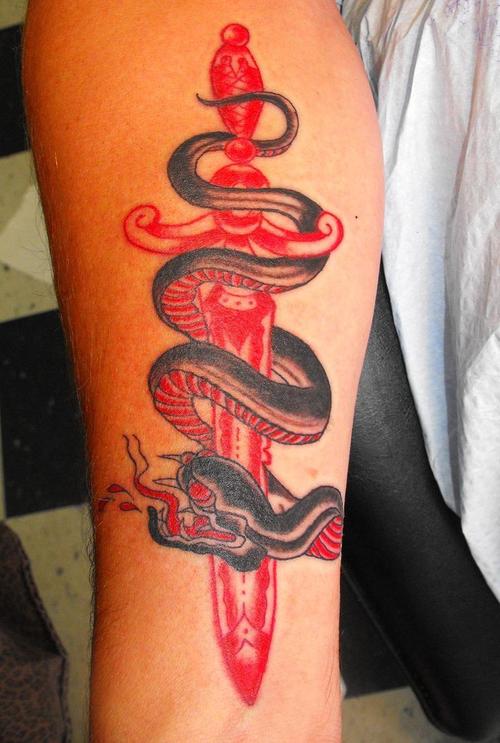 Red Dagger With Snake Tattoo On Forearm