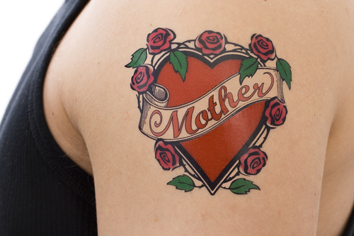 Red Heart With Mother Banner Tattoo Design On Shoulder
