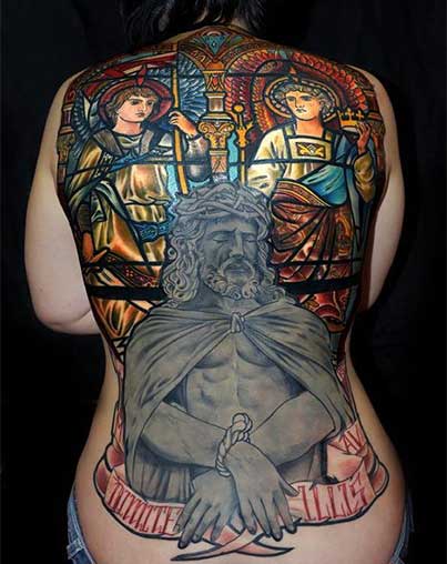Religious Stained Glass Tattoo On Full Back