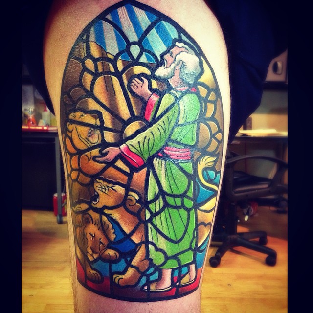 Religious Stained Glass Tattoo With Daniel And Lions Tattoo by Donny Manco