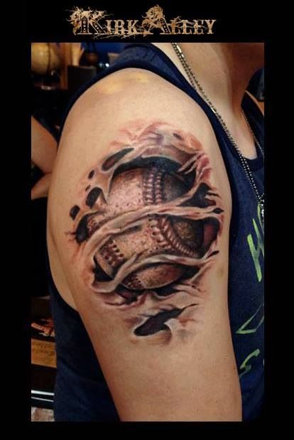 Ripped Skin Baseball Tattoo On Right Shoulder