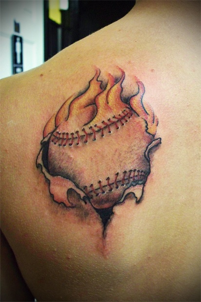 Ripped Skin Baseball With Fire Tattoo on Back Shoulder