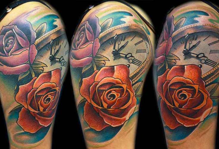 Rose Flowers And Clock Tattoo Design For Shoulder