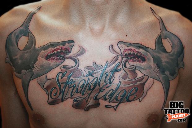 Sharks And Straight Edge Banner Tattoo On Chest